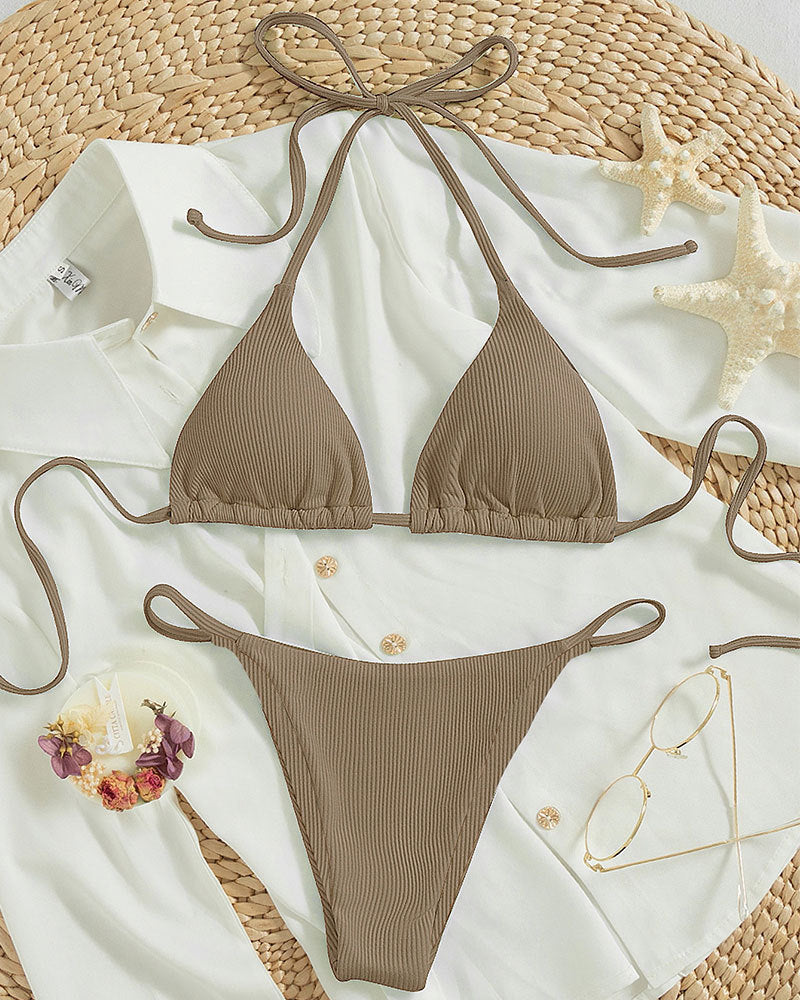 Hanging Neck Tie Bikini - Multi-Color Three-Point Swimsuit