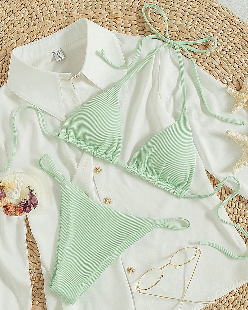 Hanging Neck Tie Bikini - Multi-Color Three-Point Swimsuit