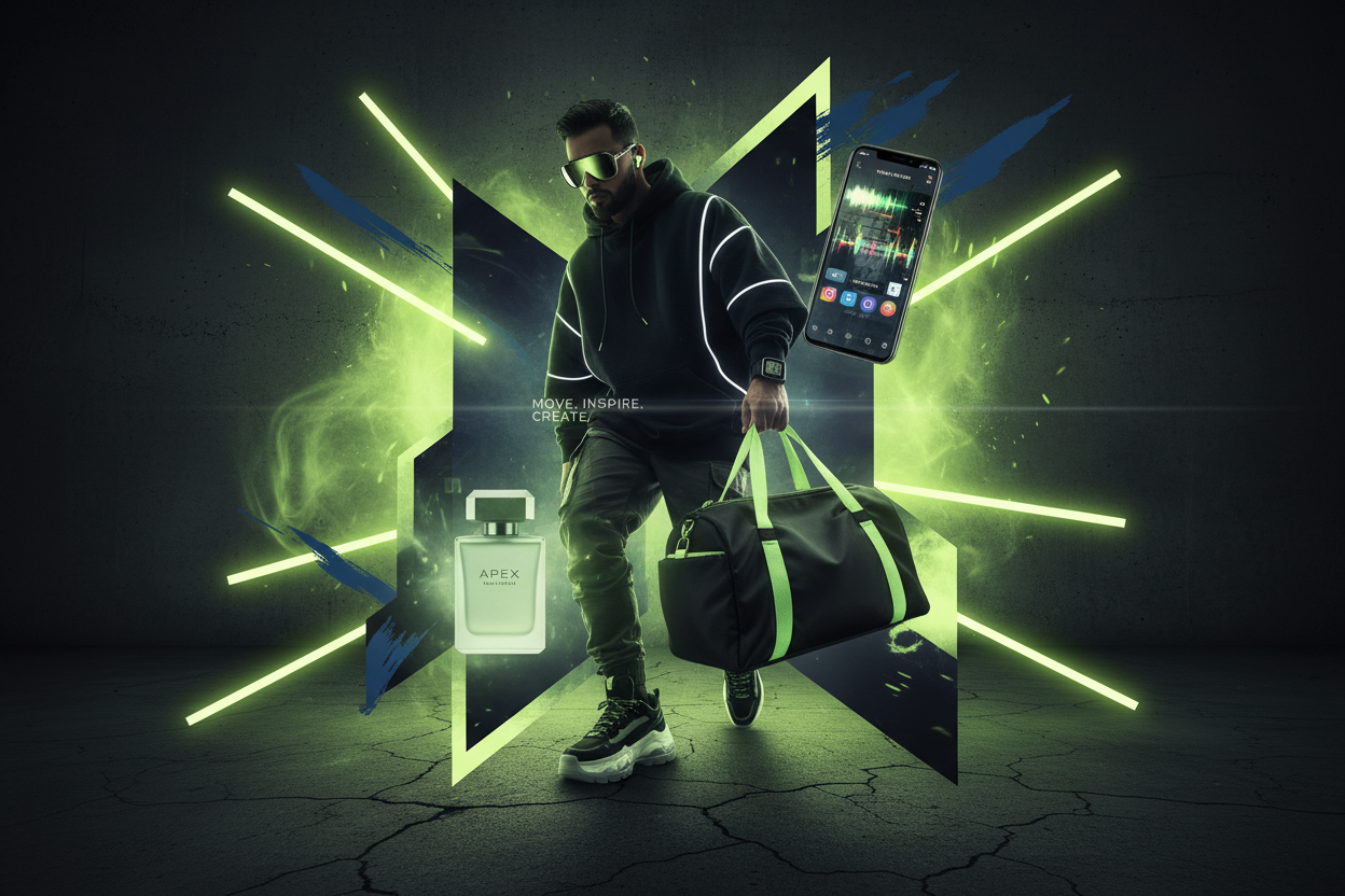 Bold dynamic VibeVault lifestyle image with streetwear, tech, and lime-green accents